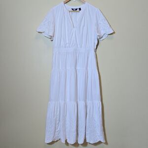 Lands End White Tiered Eyelet Maxi Dress White Large 14 16 Cottagecore‎ Beach